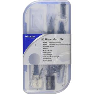 imageWestcott 10Piece Math Set for Students Includes 2 Compasses Protractor ampamp Ruler Back to School Classroom School Supplies Geometry Practice Durable Storage Case
