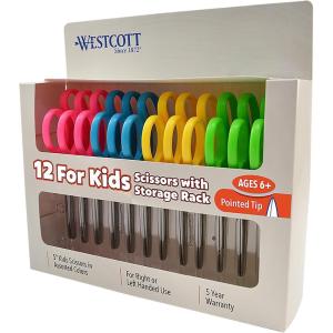 imageWestcott Right ampamp LeftHanded Pointed Scissors for Kids Ages 6 Durable Stainless Steel Blades Back to School Supplies Classroom Scissors Includes Storage Rack 5Inch 12 Pack Assorted Colors12Pack